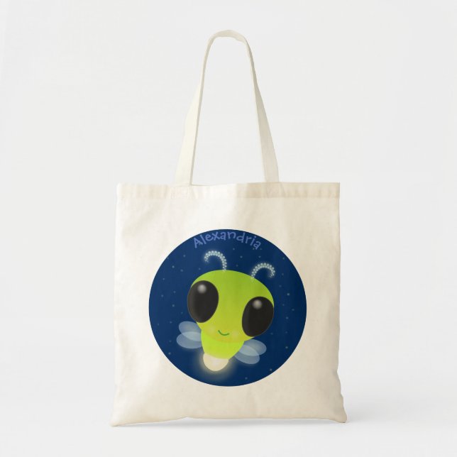 Cute green glow bug firefly cartoon illustration tote bag (Front)