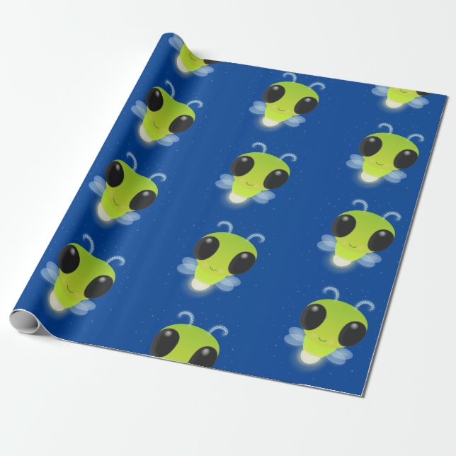 Cute green glow bug firefly cartoon illustration wrapping paper (Unrolled)