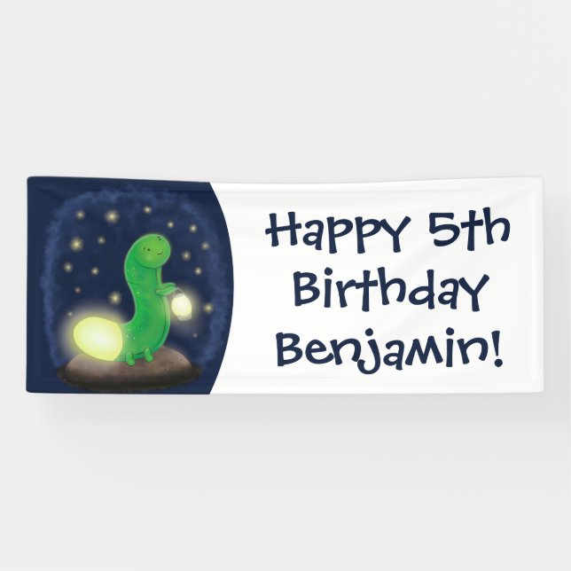 Cute green glow worm cartoon illustration banner (Horizontal)