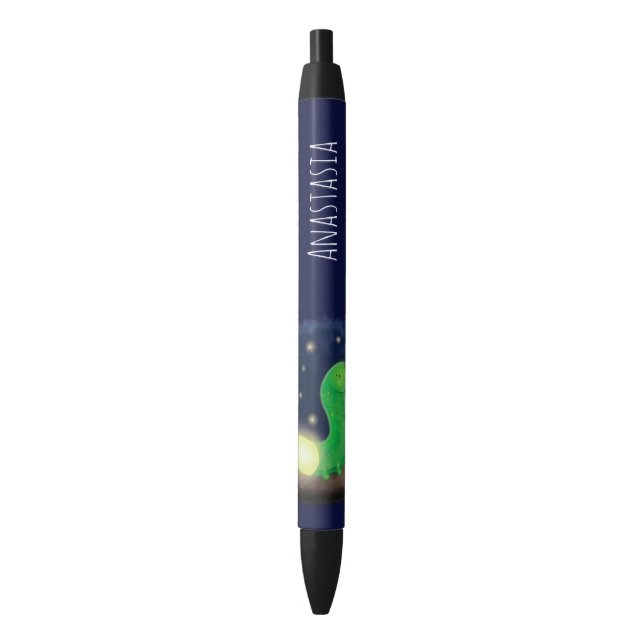 Cute green glow worm cartoon illustration black ink pen (Front Vertical)