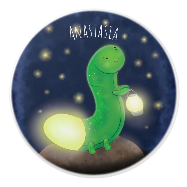 Cute green glow worm cartoon illustration ceramic knob (Front)