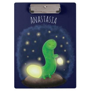 Cute green glow worm cartoon illustration clipboard