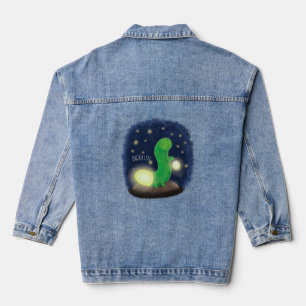 Cute green glow worm cartoon illustration denim jacket
