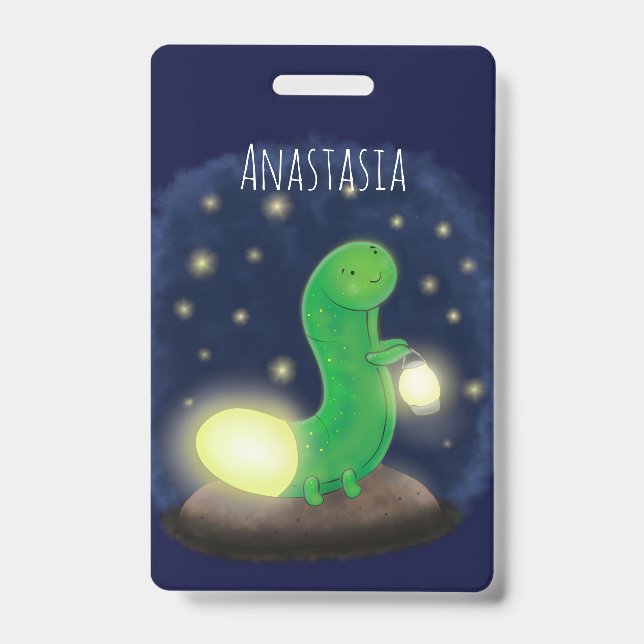 Cute green glow worm cartoon illustration ID badge (Front)