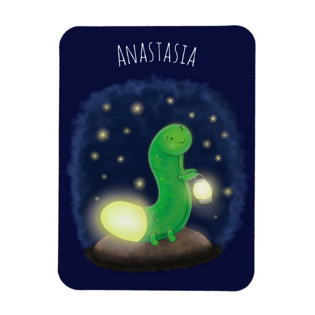 Cute green glow worm cartoon illustration magnet (Vertical)