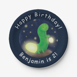 Cute green glow worm cartoon illustration paper plate