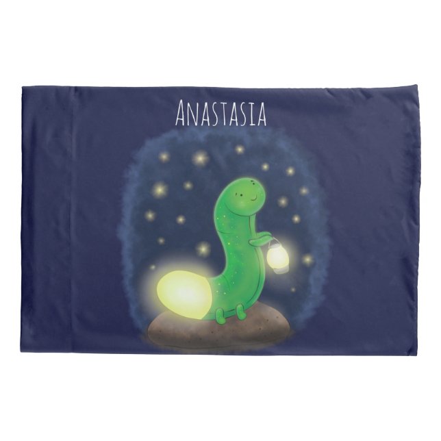 Cute green glow worm cartoon illustration pillowcase (Back)