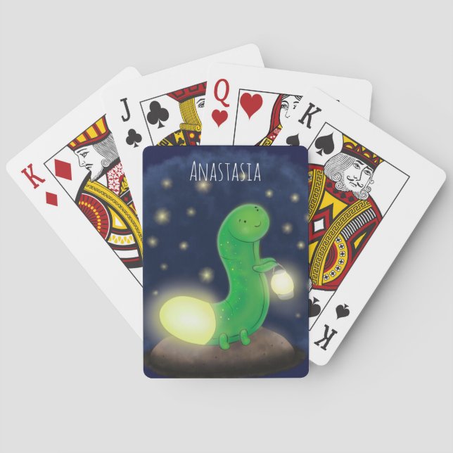 Cute green glow worm cartoon illustration playing cards (Back)