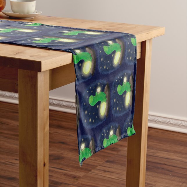 Cute green glow worm cartoon illustration short table runner (In Situ)