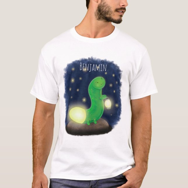 Cute green glow worm cartoon illustration T-Shirt (Front)