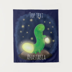 Cute green glow worm cartoon illustration  tapestry