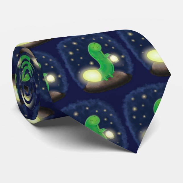 Cute green glow worm cartoon illustration tie (Rolled)