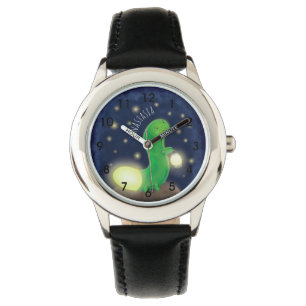 Cute green glow worm cartoon illustration watch