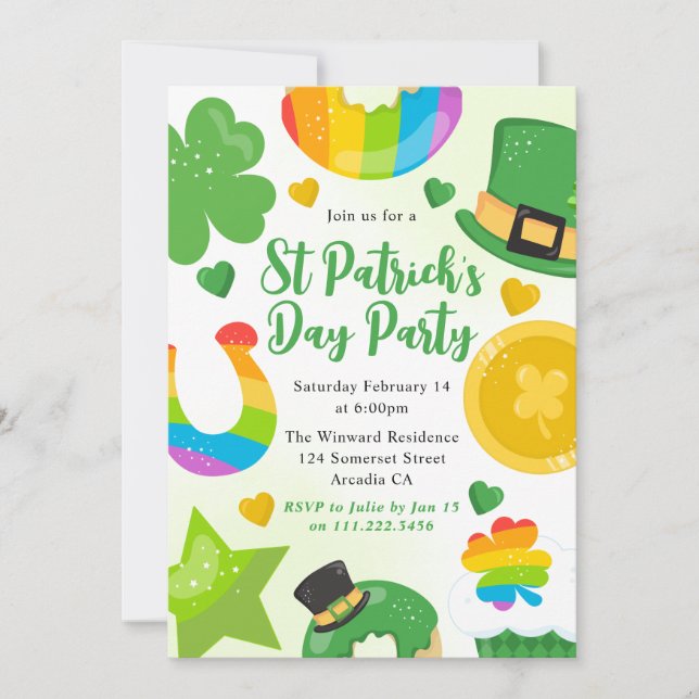 Cute Green, Gold and Rainbow St Patrick's Day Invitation (Front)