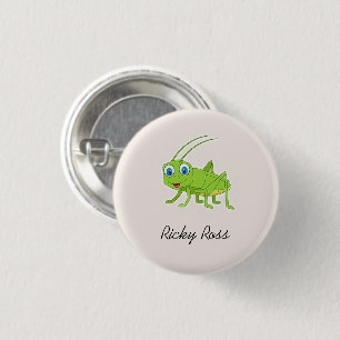 Cute green grasshopper purple 3 cm round badge