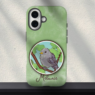 Cute Green Grey Bird Painting Custom Name  iPhone 16 Case