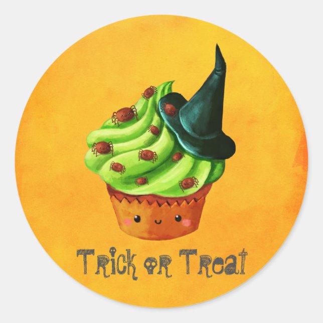 Cute Green Halloween Cupcake Classic Round Sticker (Front)