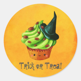 Cute Green Halloween Cupcake Classic Round Sticker