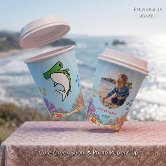 Cute Green Hammerhead Shark Ocean Birthday Photo Paper Cups