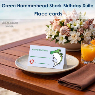 Cute Green Hammerhead Shark Ocean Birthday Place Card