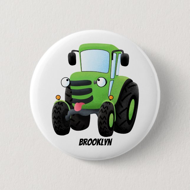 Cute green happy farm tractor cartoon illustration 6 cm round badge (Front)