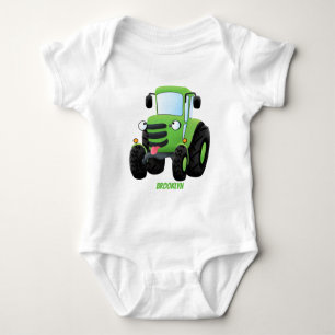 Cute green happy farm tractor cartoon illustration baby bodysuit