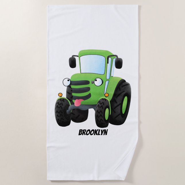Cute green happy farm tractor cartoon illustration beach towel (Front)