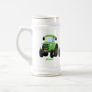 Cute green happy farm tractor cartoon illustration beer stein