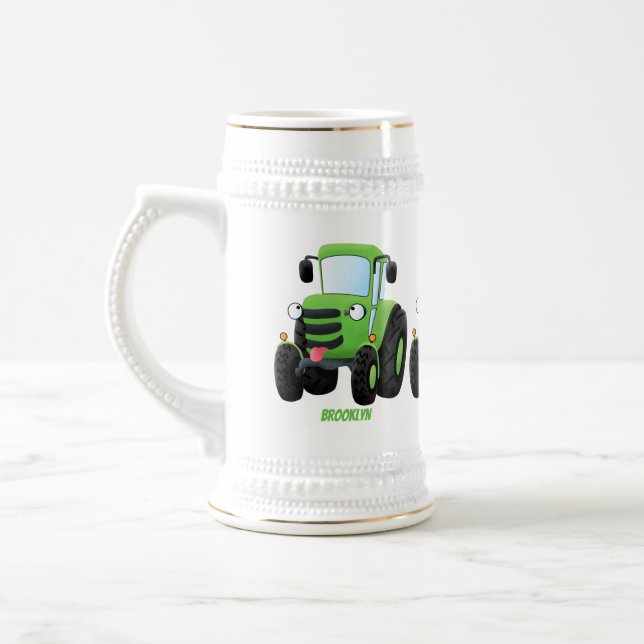 Cute green happy farm tractor cartoon illustration beer stein (Left)