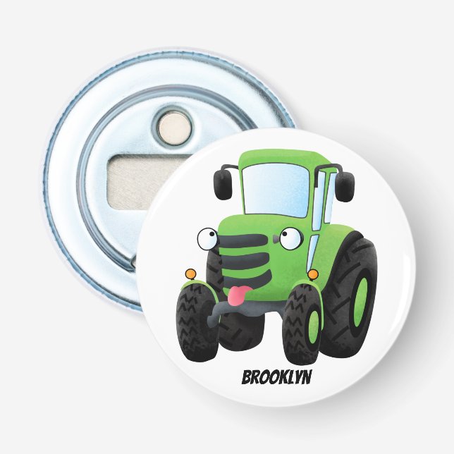 Cute green happy farm tractor cartoon illustration bottle opener (Front)