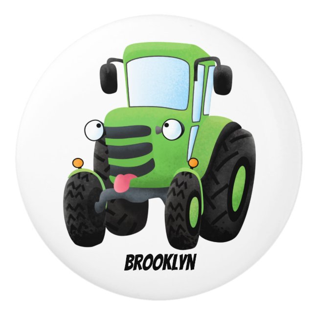 Cute green happy farm tractor cartoon illustration ceramic knob (Front)