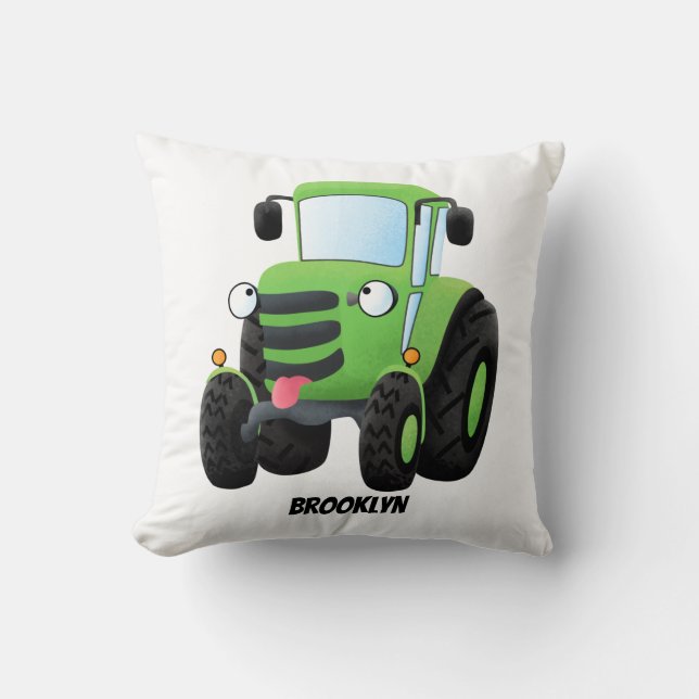 Cute green happy farm tractor cartoon illustration cushion (Front)