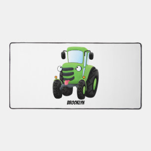 Cute green happy farm tractor cartoon illustration desk mat