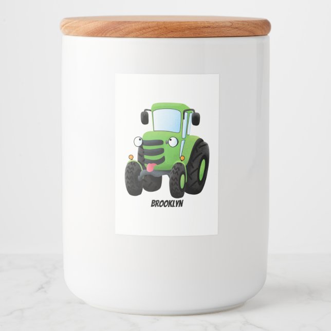 Cute green happy farm tractor cartoon illustration food label (Front)