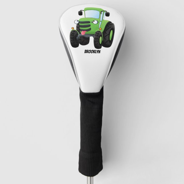 Cute green happy farm tractor cartoon illustration golf head cover (Front)