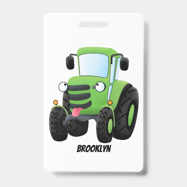 Cute green happy farm tractor cartoon illustration ID badge (Front)