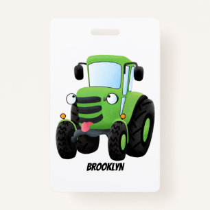 Cute green happy farm tractor cartoon illustration ID badge