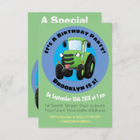 Cute green happy farm tractor cartoon illustration