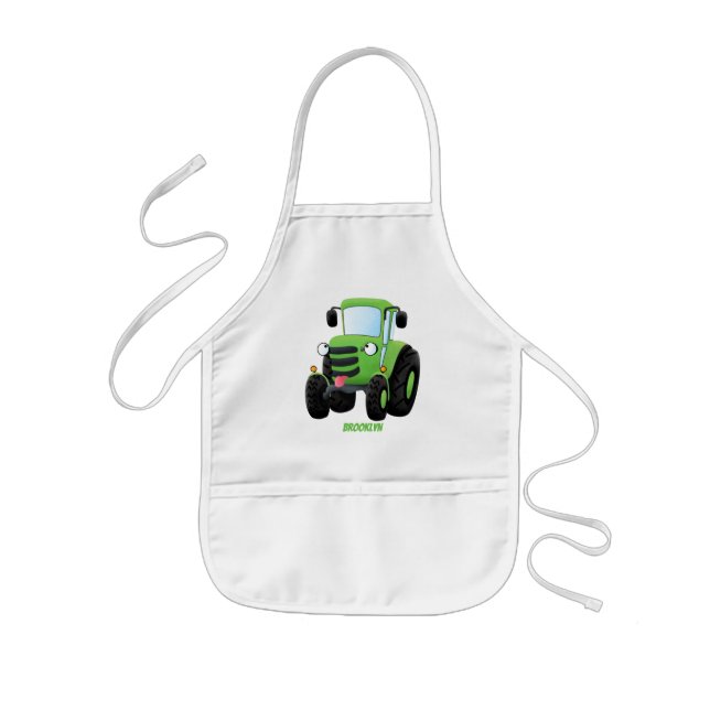 Cute green happy farm tractor cartoon illustration kids apron (Front)