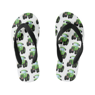 Cute green happy farm tractor cartoon illustration kid's jandals