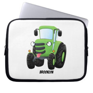Cute green happy farm tractor cartoon illustration laptop sleeve