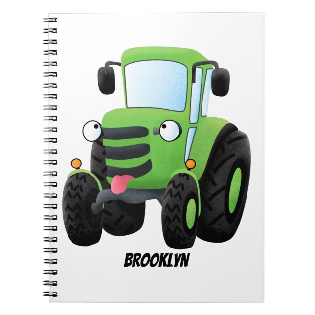 Cute green happy farm tractor cartoon illustration notebook (Front)