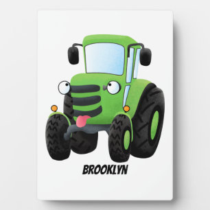 Cute green happy farm tractor cartoon illustration plaque