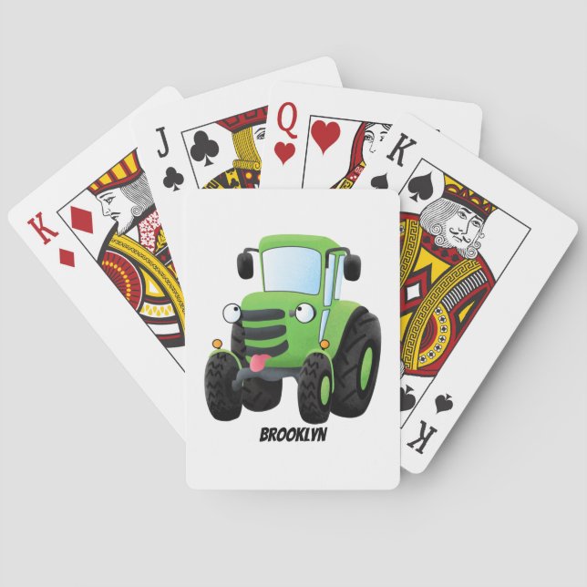 Cute green happy farm tractor cartoon illustration playing cards (Back)