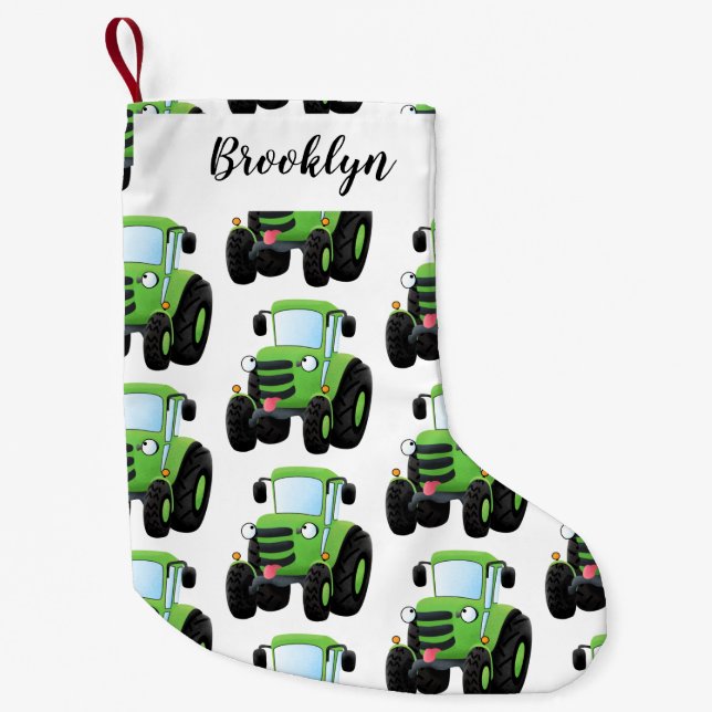 Cute green happy farm tractor cartoon illustration small christmas stocking (Front)