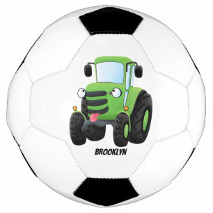Cute green happy farm tractor cartoon illustration soccer ball