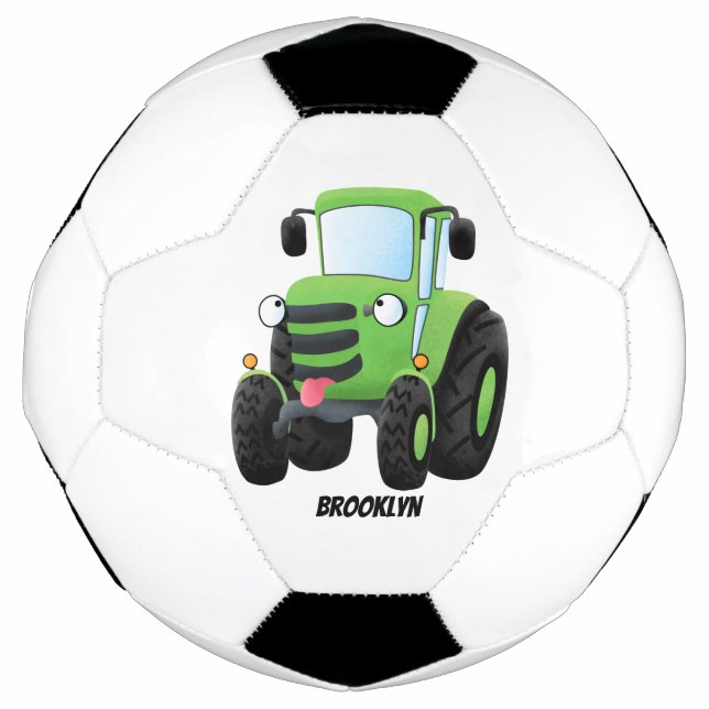 Cute green happy farm tractor cartoon illustration soccer ball (Front)