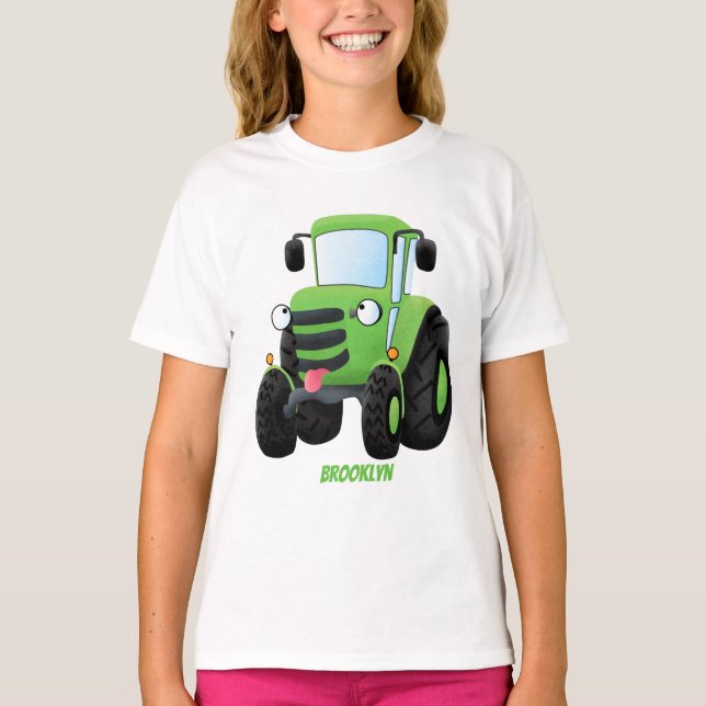 Cute green happy farm tractor cartoon illustration T-Shirt (Front)
