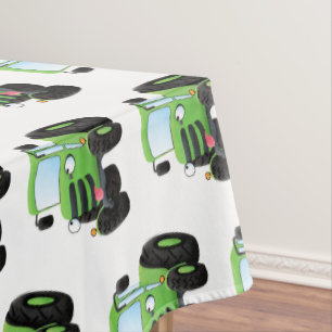 Cute green happy farm tractor cartoon illustration tablecloth