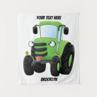 Cute green happy farm tractor cartoon illustration